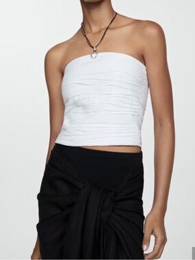 Mango White Linen Ruched Tube Top